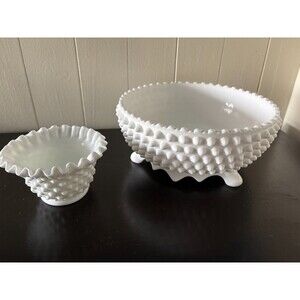 Vintage Fenton Hobnail Milk Glass Footed Fruit Bowl Set of 2 Ruffle Edge